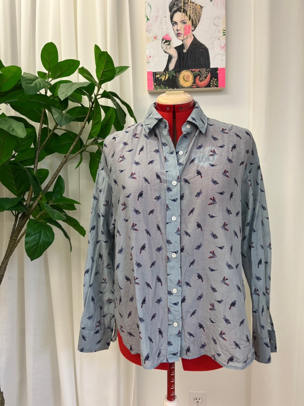 Silk Coton Light Blue Printed Button-Up Women Blouse